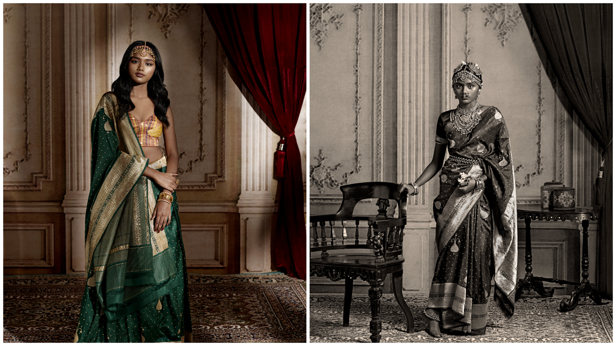 A side-by-side of the models shot by G Venket Ram comparing the fashion of 1920s and present day.