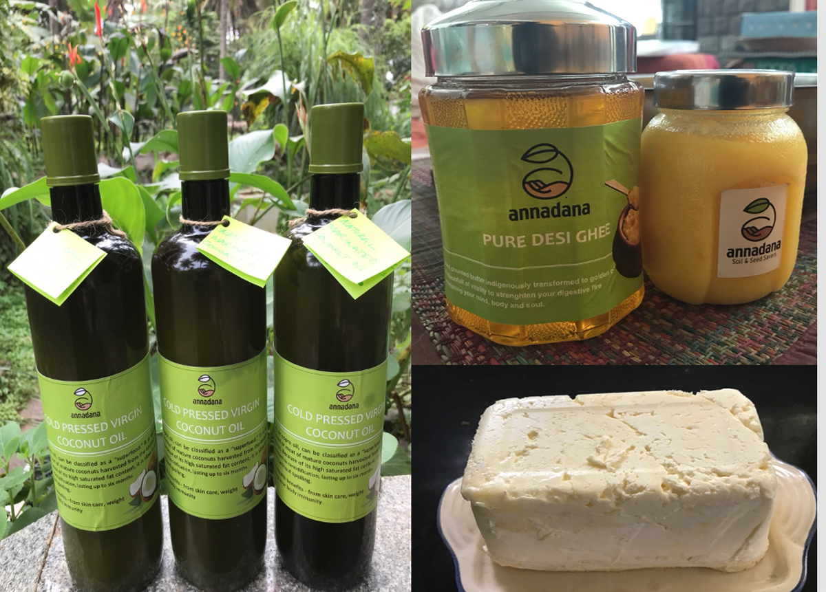 (Clockwise from left) Cold-pressed oils, ghee and butter at Annadana