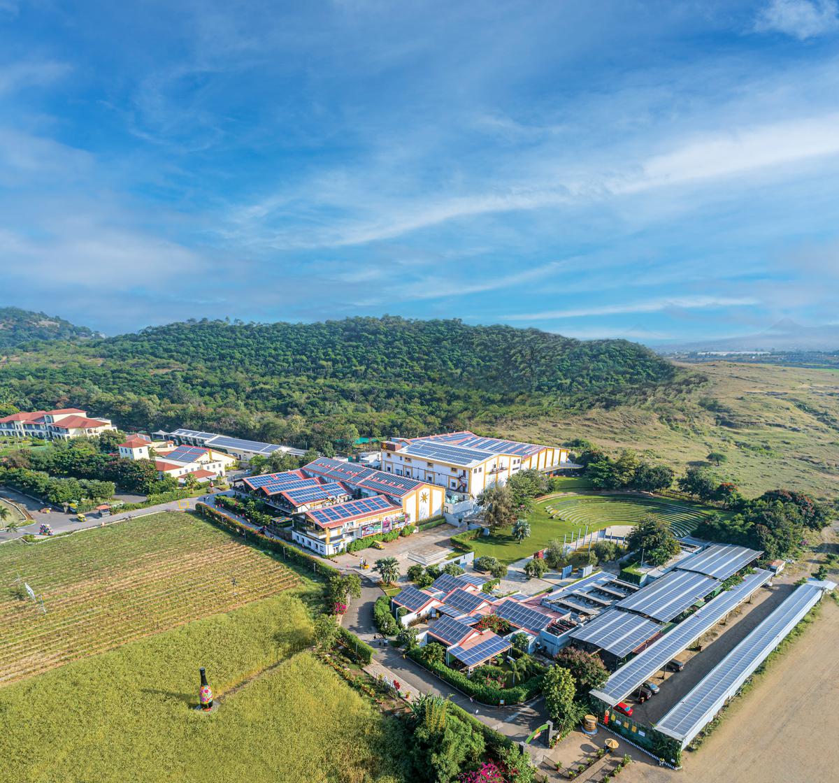 An aerial view of the solar panels at Sula Vineyards in Nashik