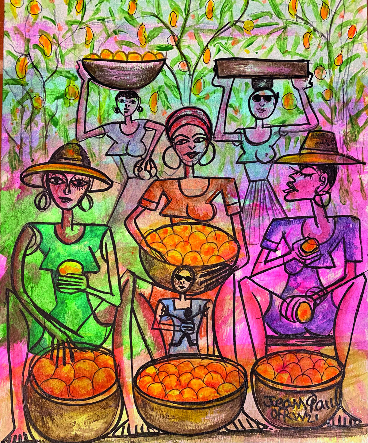 An illustration from the book of women at a Haitian market