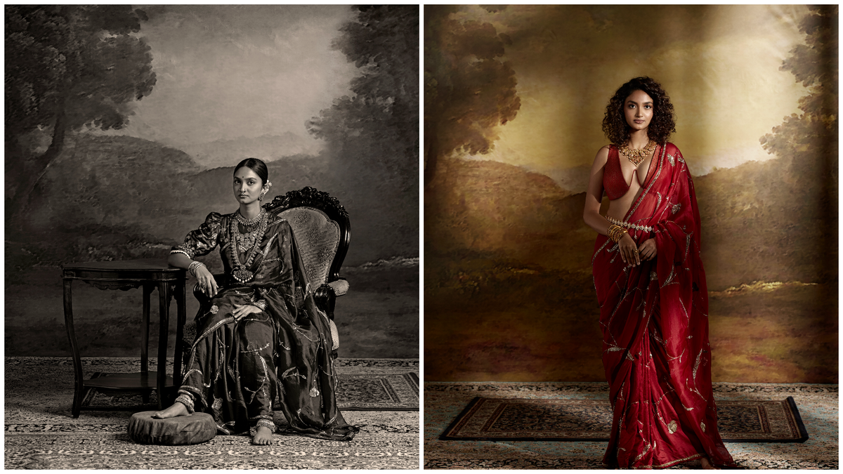 A side-by-side of the models shot by G Venket Ram comparing the fashion of 1920s and present day.