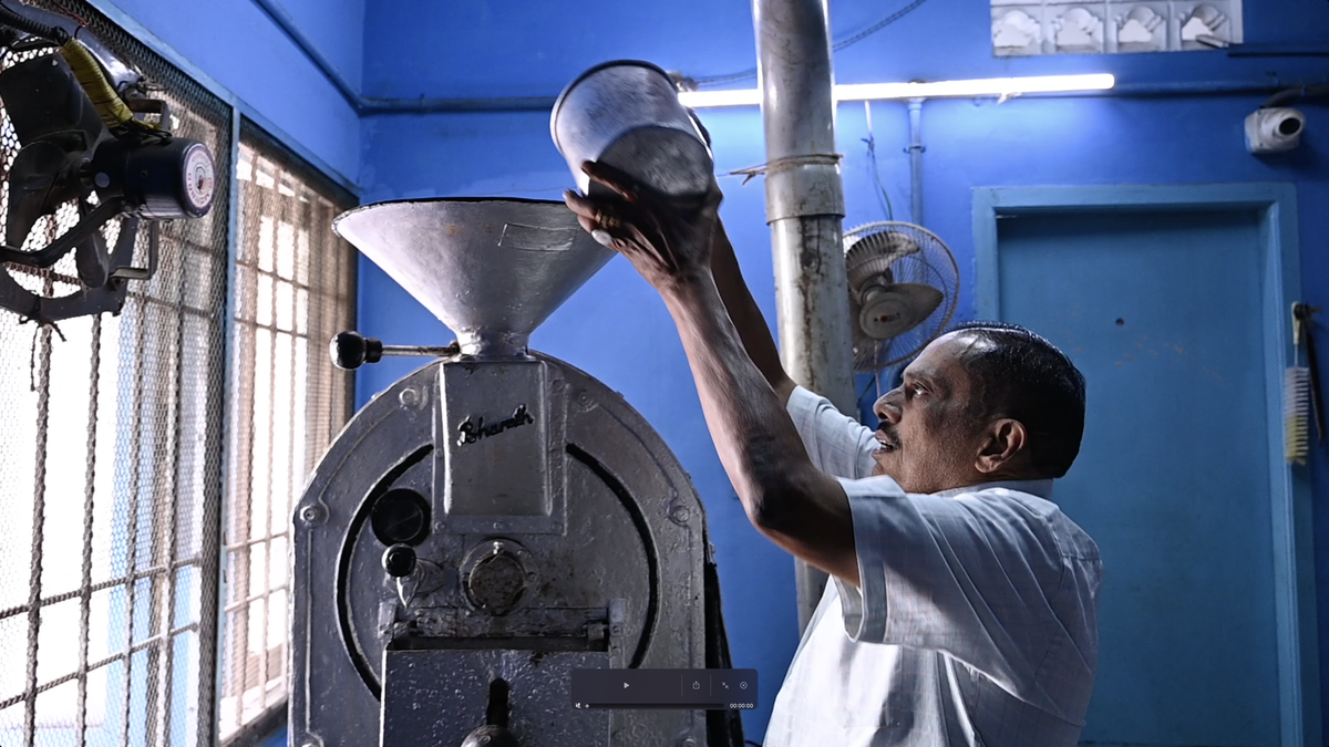 VK Chandrasekar roasting coffee at Everest Coffee, Parrys.