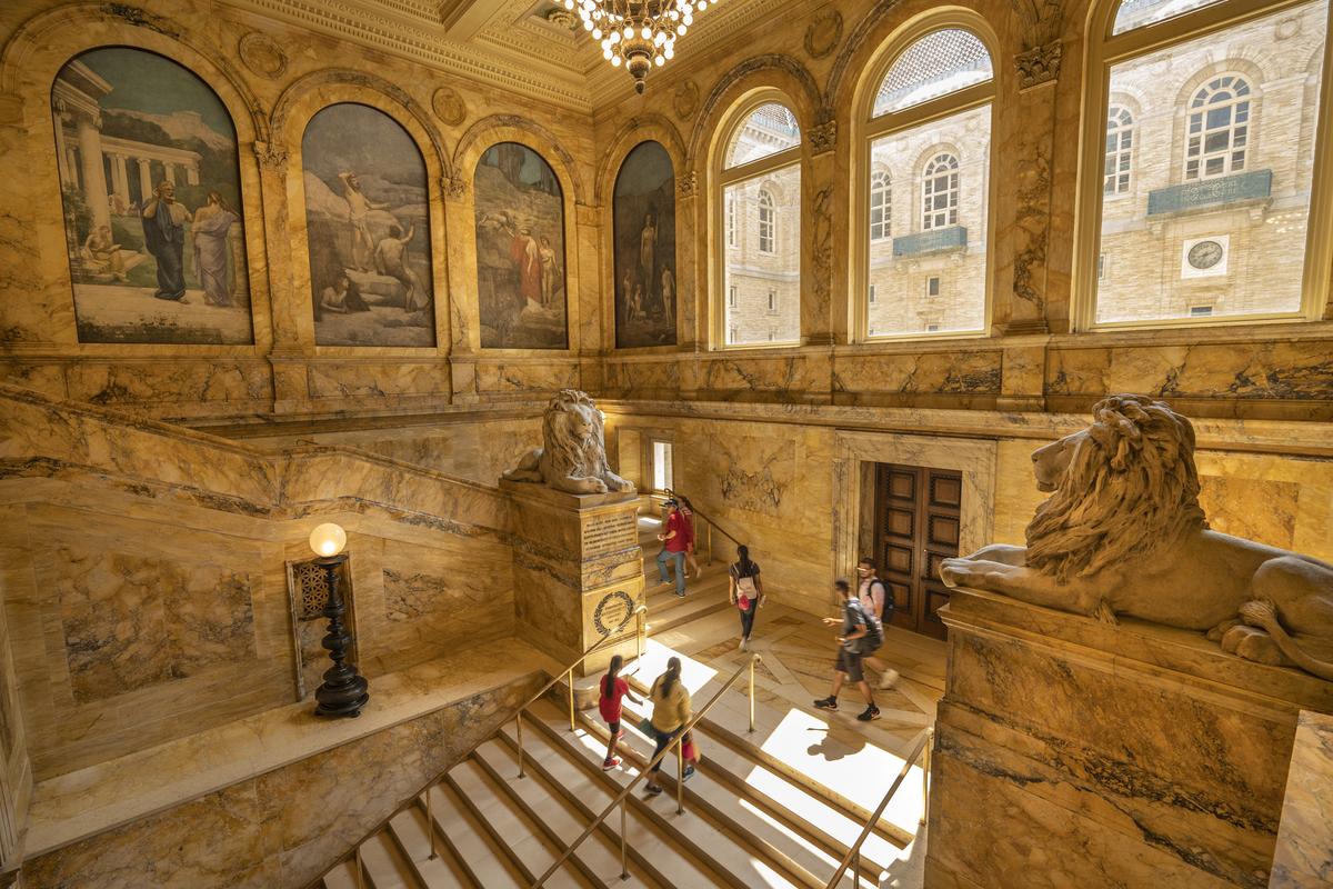 Ornate interior steps and entrance of the historic Renaissance style architecture of the Boston public library in the Back Bay District neighbourhood of downtown Boston Massachusetts USA Ornate interior steps and entrance of the historic Renaissance style architecture of the Boston public library in the Back Bay District neighbourhood of downtown Boston Massachusetts USA