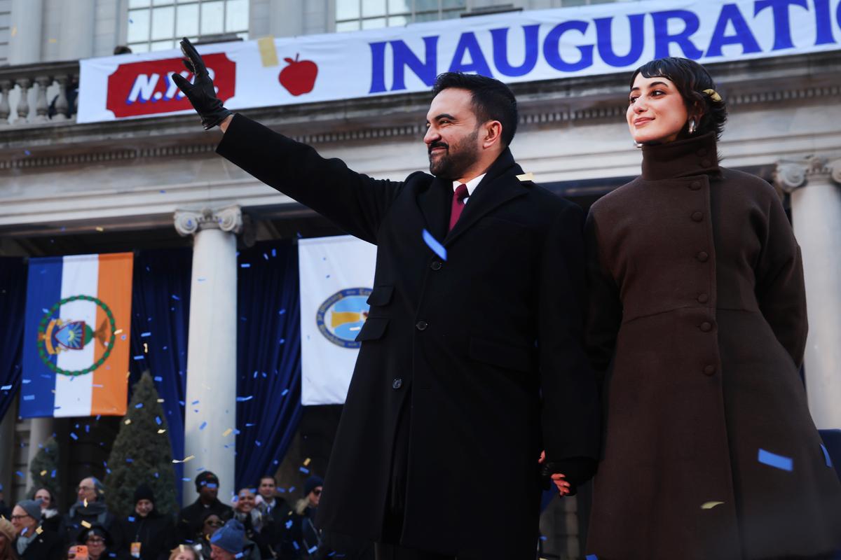Rama Duwali wearing a faux-fir trimmed coat by Renaissance Rennaisance at Zohran Mamdani’s inauguration