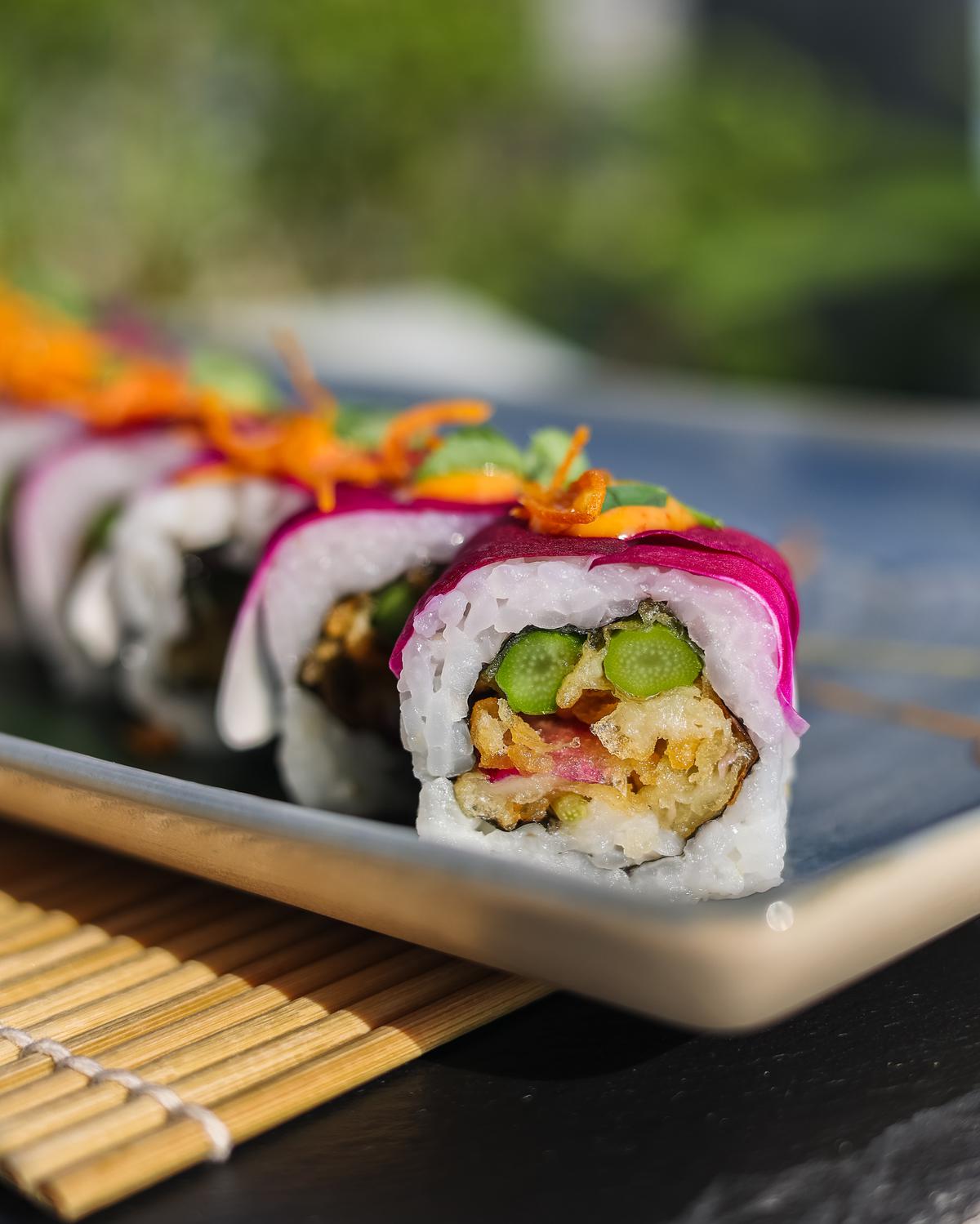 Blue orchid and asparagus tempura maki