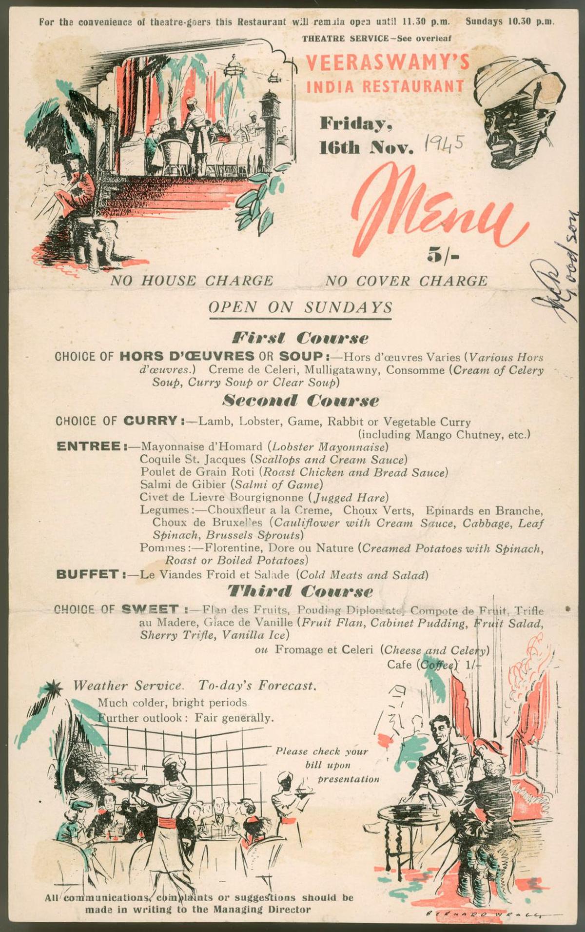 वीरास्वामीज़ में एक पुराना मेनू