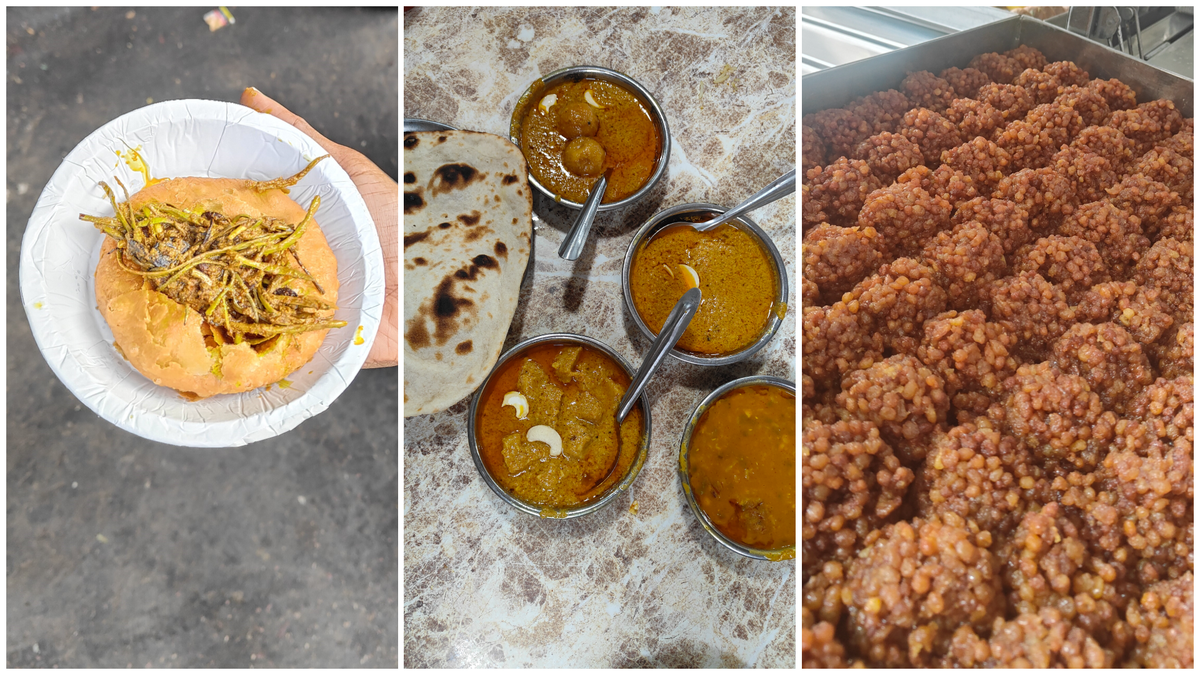 (L-R) Panchkutta kachori; gulab jamun sabzi, rasmalai sabzi, and dal fry at Shandar Sweet Home; and rabri ladoos