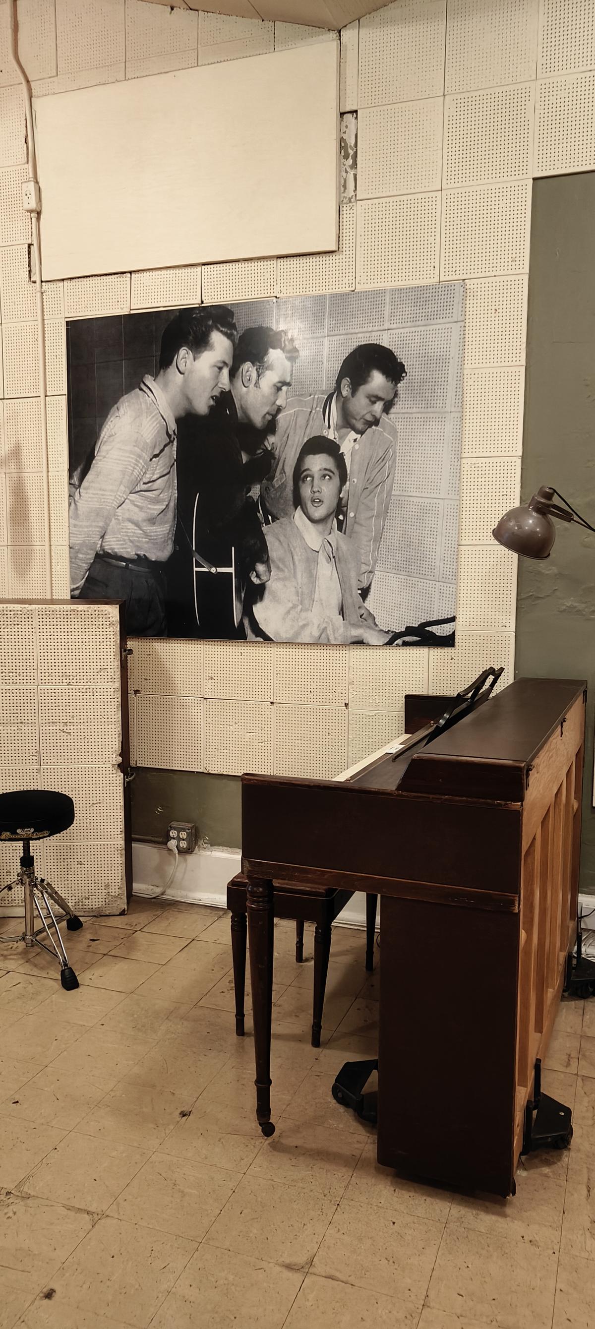 The piano where the Million Dollar Quartet happened: a recording of an impromptu jam session involving Elvis Presley, Jerry Lee Lewis, Carl Perkins and Johnny Cash made on December 4, 1956 at the Sun Record Studios in Memphis, Tennessee