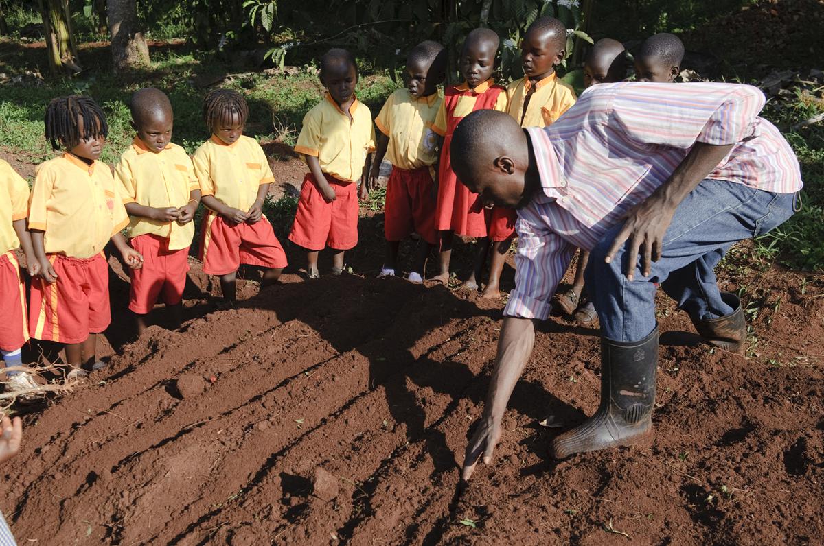 Edward Mukiibi leert schoolkinderen in Oeganda groenten telen