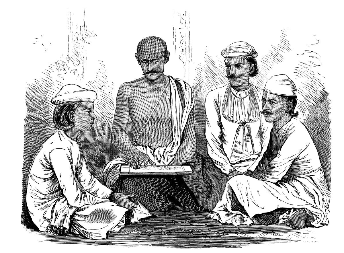 An engraving from 1872 of brahmana men learning