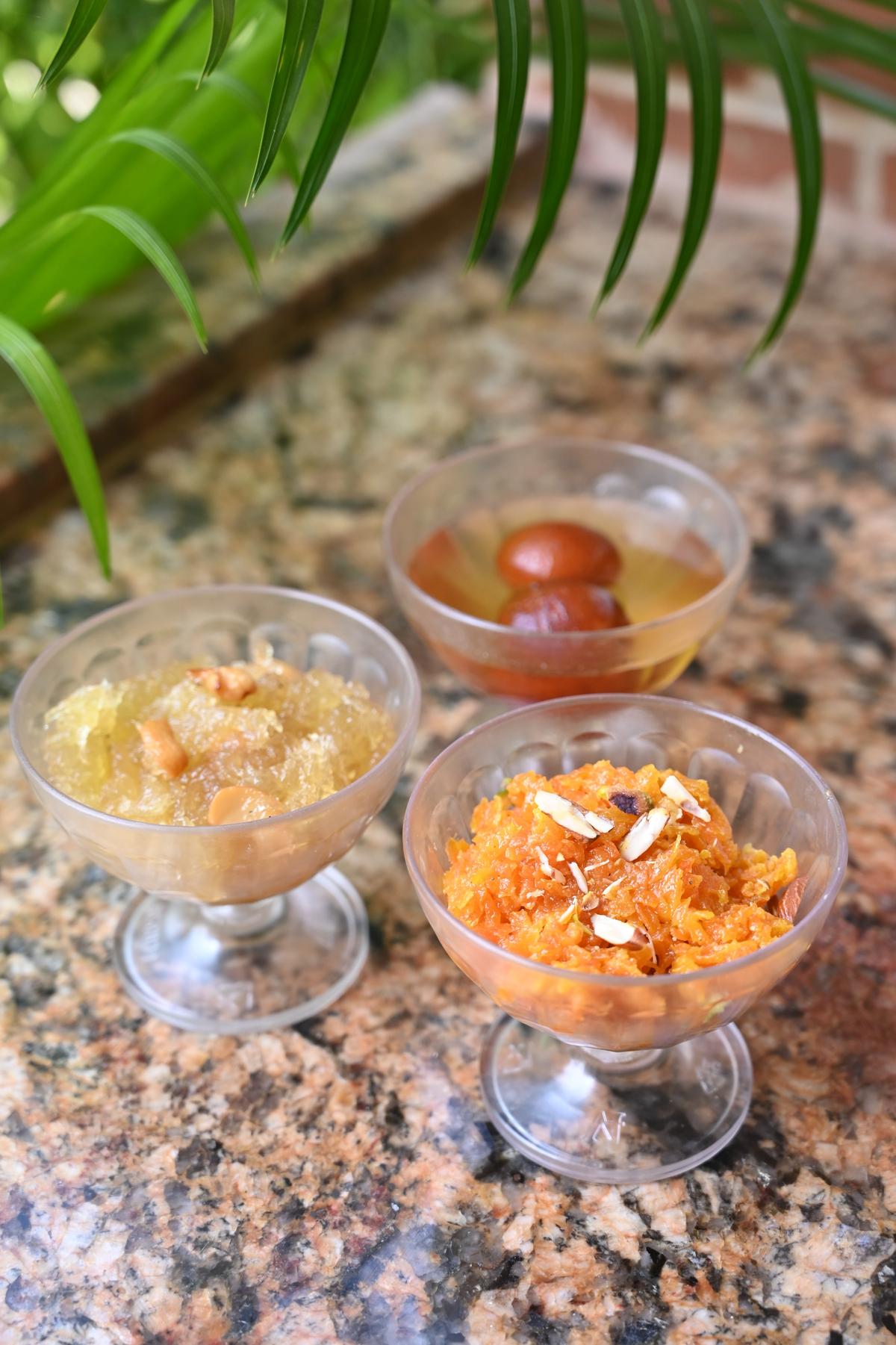 Kasi halwa, carrot halwa and gulab jamoon