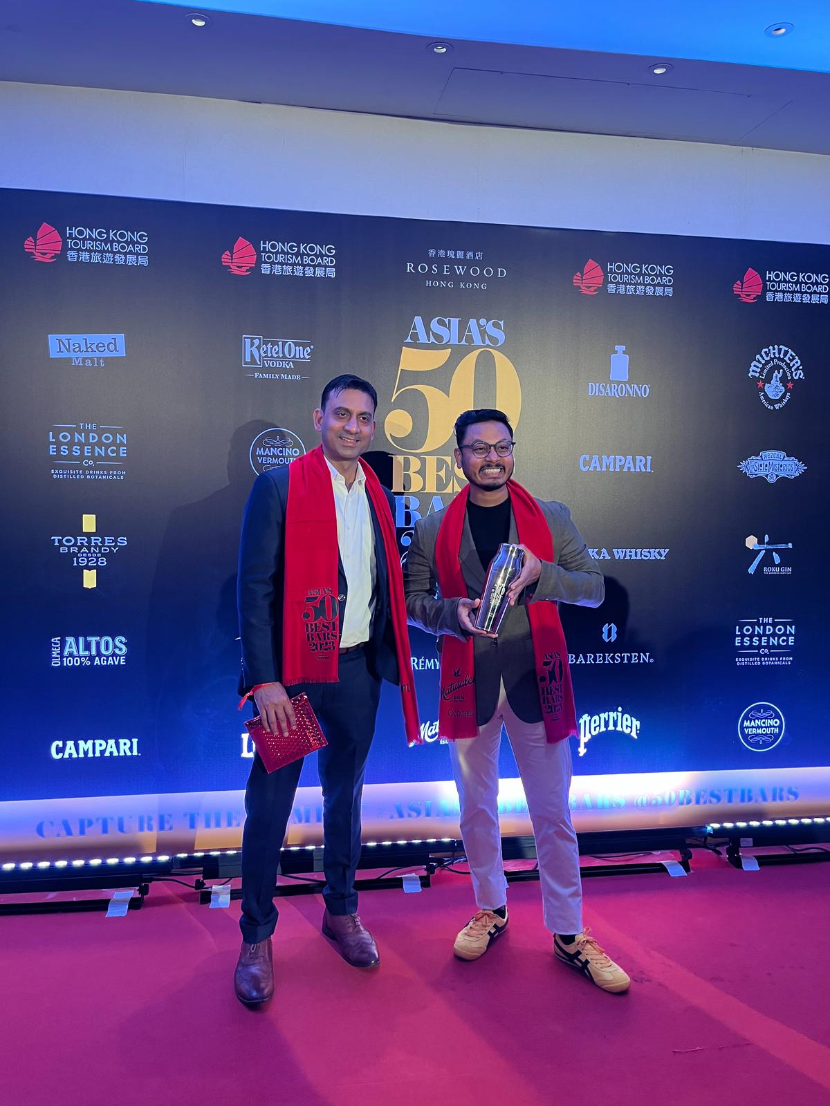 (from left) Savio Fernandes, director of food and beverage, Four Seasons, Bengaluru with Sarath Nair, beverage manager, Copitas, at Asia’s 50 Best Bars awards ceremony, in Hong Kong 