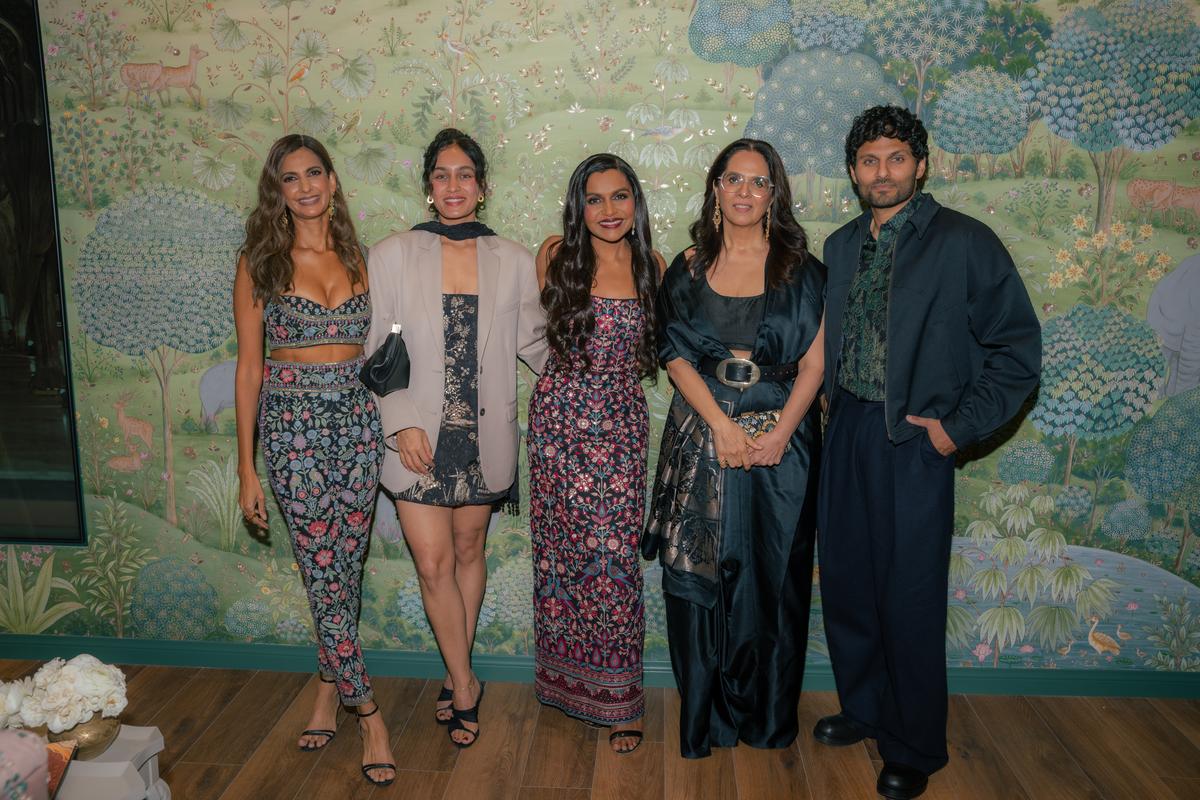 (L-R) Poorna Jaganathan, Radhika Shetty, Mindy Kaling, Anita Dongre and Jay Shetty at the store launch