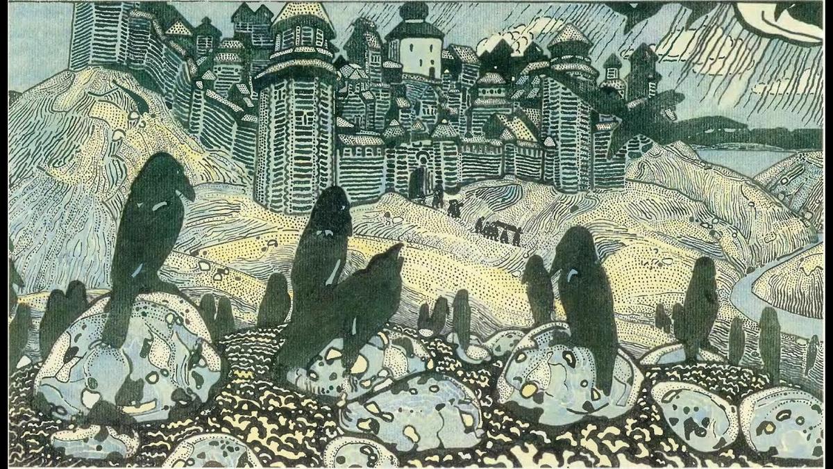 Cidade do artista N. Roerich (Ominious) na Galeria Dhoomimal 