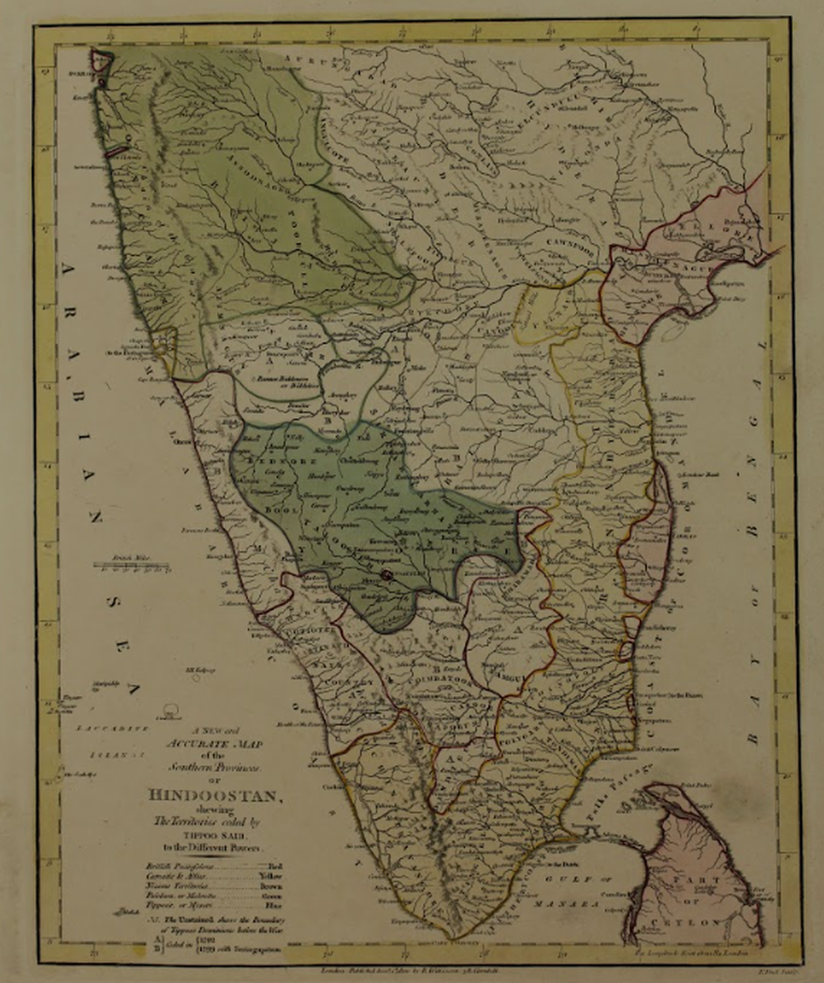 A new and accurate map of the Southern Provinces of Hindoostan showing the territories ceded by Tippoo Sultan to the different powers, 1800 (Robert Wilkinson, T. Foot; print on paper)