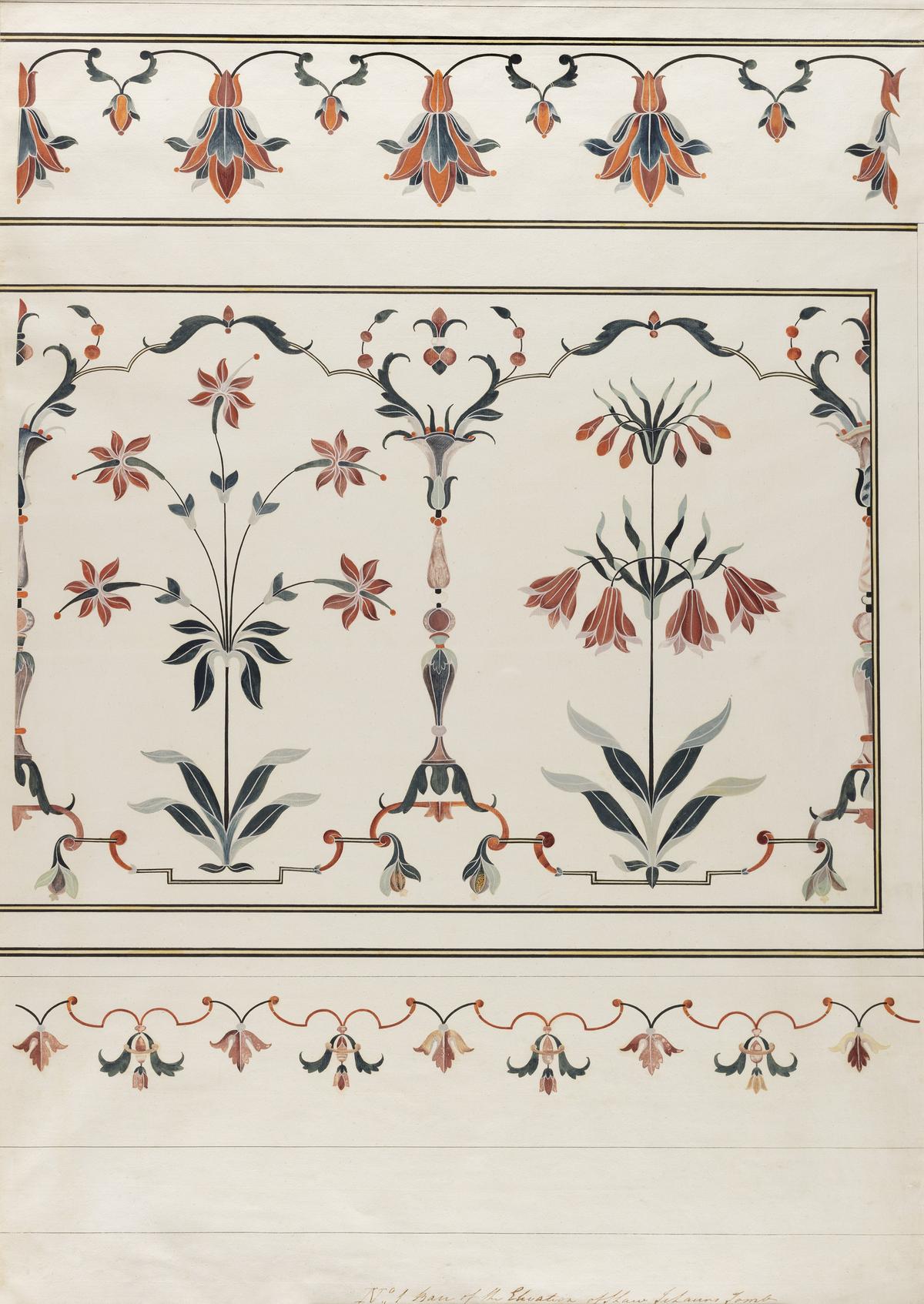 Detalhe do trabalho de pietra dura no cenotáfio de Shah Jahan no Taj Mahal pelo artista de Agra (Company School) Detalhe do trabalho de pietra dura no cenotáfio de Shah Jahan no Taj Mahal pelo artista de Agra (Company School)