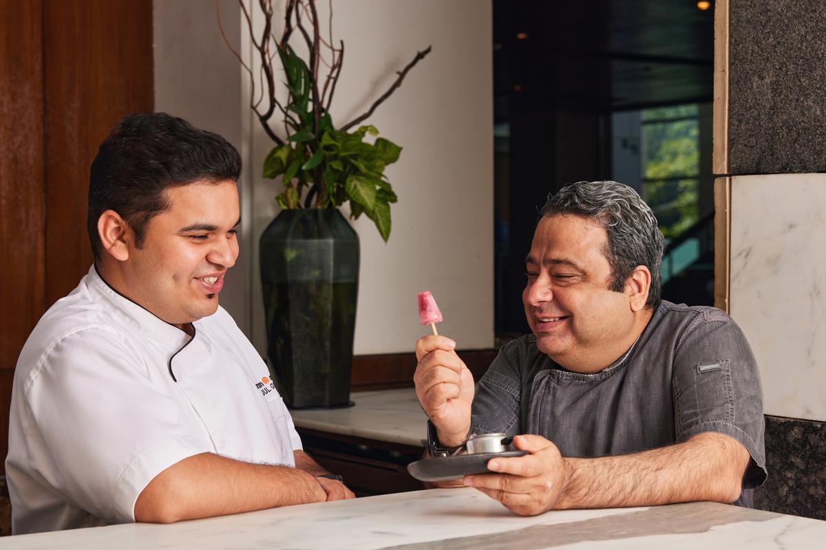 Chef Manish Mehrotra (right) with head chef Rijul Gulati of Indian Accent Mumbai