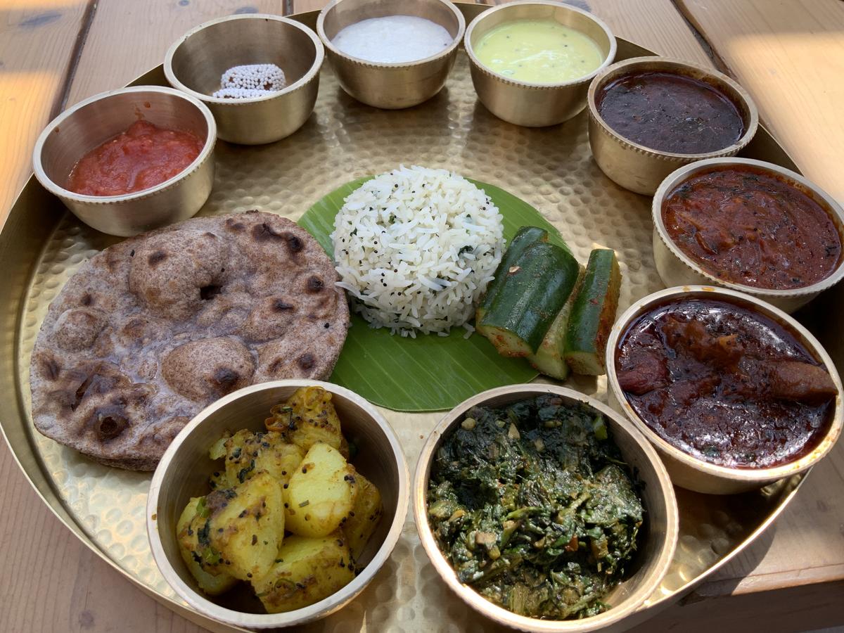 A thali with bhang chutney and nettle saag
