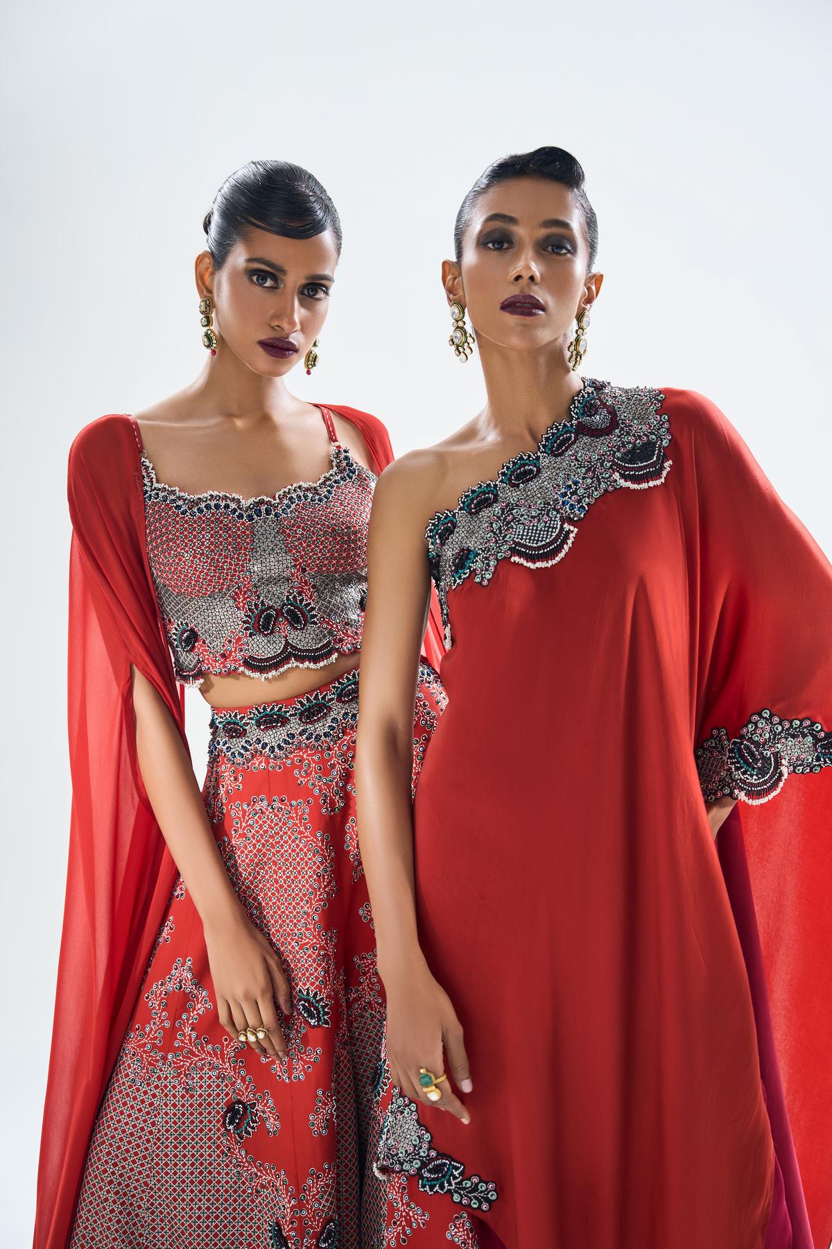 A line-up of 86 designs, ranging from saris and co-ords to pencil skirts and jumpsuits, Maya features earthy tones, like oxblood, rust orange and teal, that blend with black and ivory