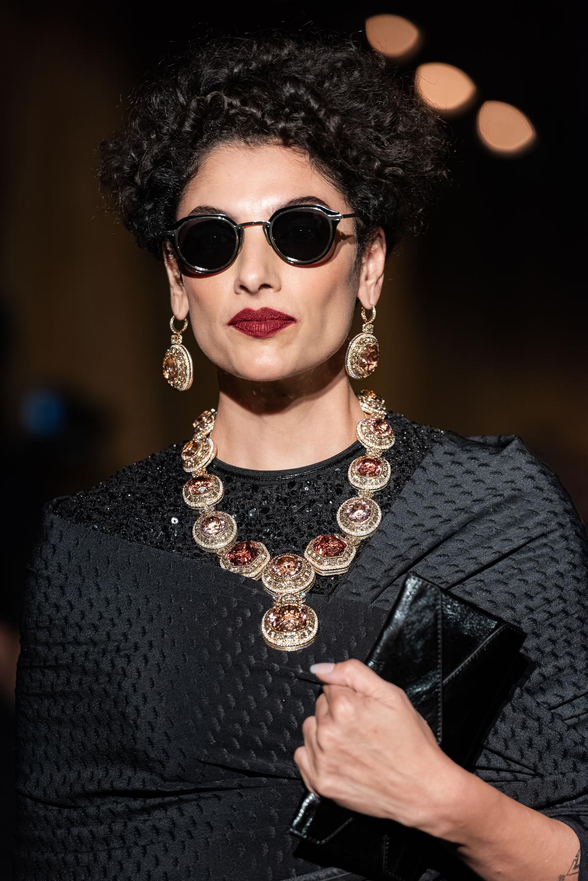 On Indrani Dasgupta, the Calcutta Rose Suite, with rare sherbet-toned tourmalines and 60 carats of old mine cut diamonds On Indrani Dasgupta, the Calcutta Rose Suite, with rare sherbet-toned tourmalines and 60 carats of old mine cut diamonds