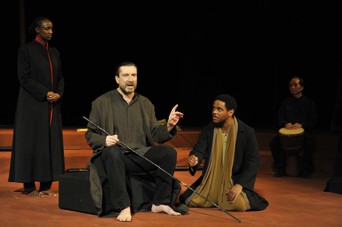 Carole Karemera, Sean O’Callaghan, Jared McNeill and Toshi Tsuchitori in Théâtre des Bouffes du Nord’s production of Battlefield, which is based on the Mahabharata