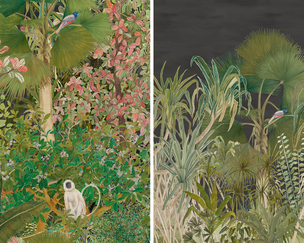 ‘Perch’, a wallpaper with langurs, and (right) ‘A Summer Night’, with fan palms, pandnaus, and a Malabar trogon