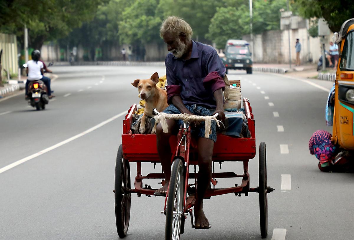Jeyaram, a waste picker, with his pet dog Benny in Chennai Jeyaram, a waste picker, with his pet dog Benny in Chennai