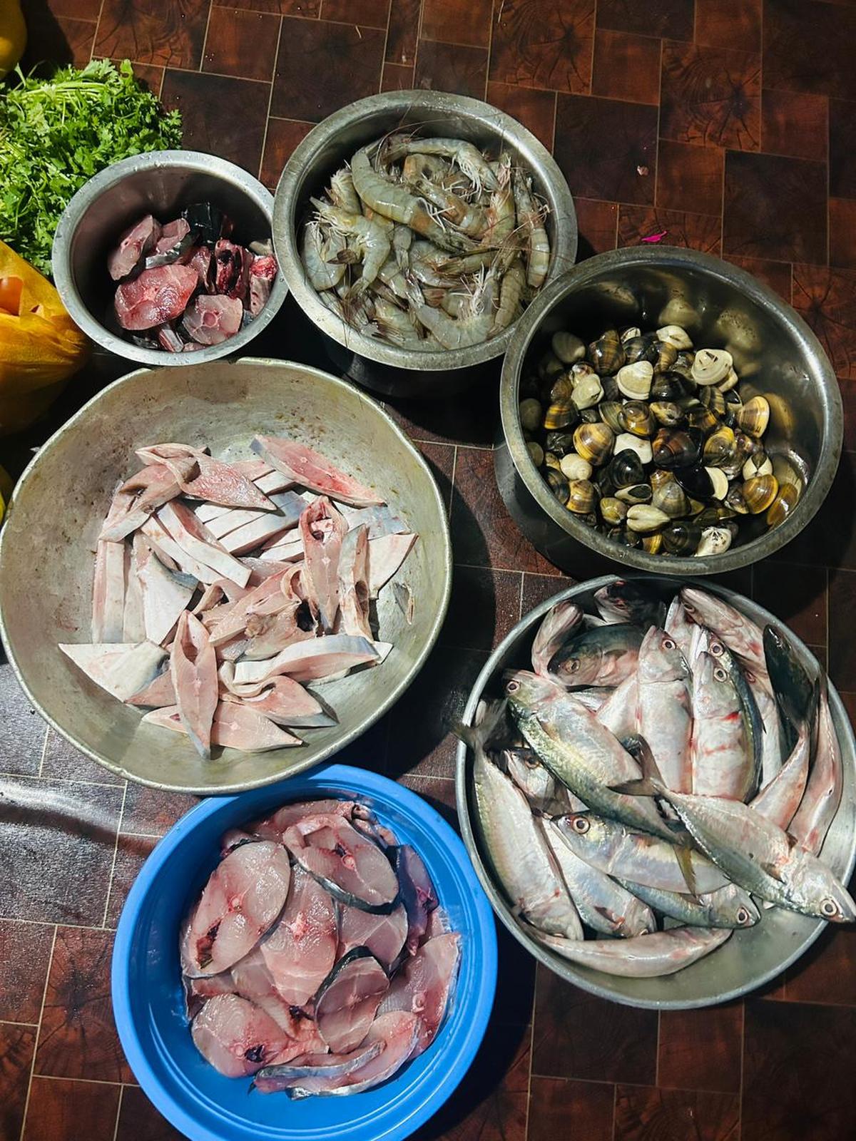 An assortment of monsoon fish, from clams and river prawns to chonak and bangda