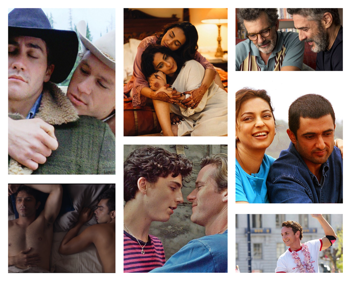 Clockwise from top left: stills from Brokeback Mountain, Sheer Qorma, Pain and Glory, My Brother Nikhil, Milk, Call Me By Your Name, and Made In Heaven