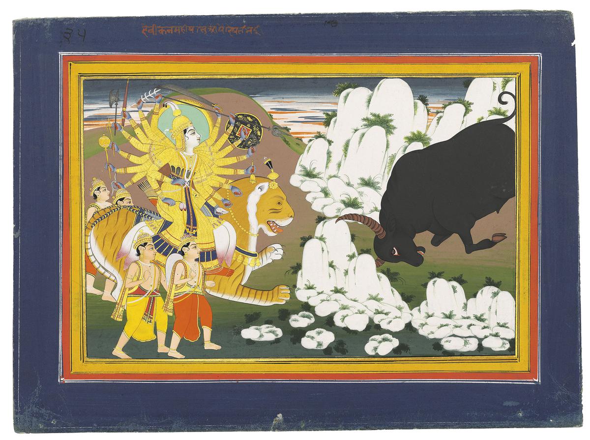 Durga confronts the Bull Demon, Mahishasura, by a Jaipur miniature painter