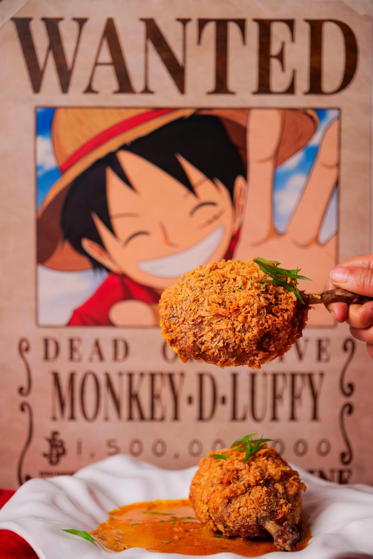 Dishes include Luffy’s meat on the bone, a meat heavy dish with minced chicken wrapped around boiled eggs and then skewered with a drumstick bone.