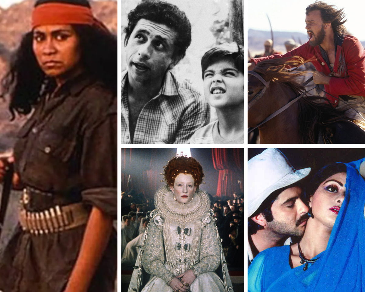 Clockwise from left: Stills from Shekhar Kapur’s films Bandit Queen, Masoom, The Four Feathers, Mr. India, and Elizabeth.