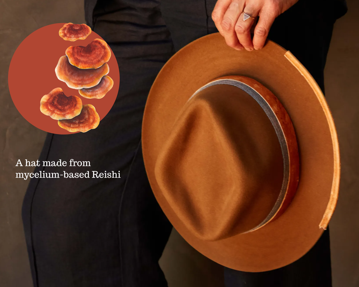 A hat from MycoWorks, which produces the mycelium-based Reishi