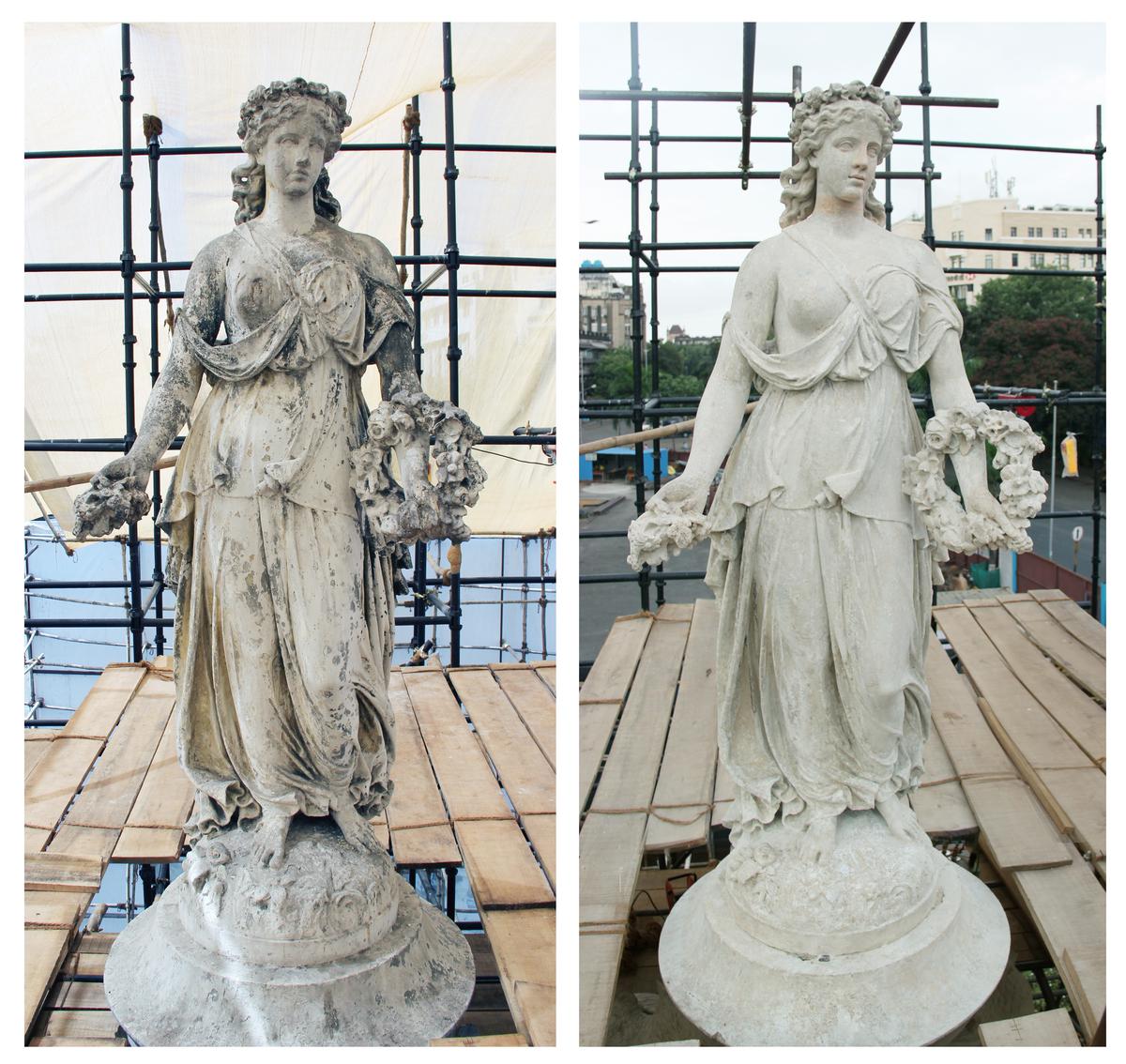Goddess Flora before and after the restoration of the 19th-century limestone Flora Fountain at Fort in Mumbai.
