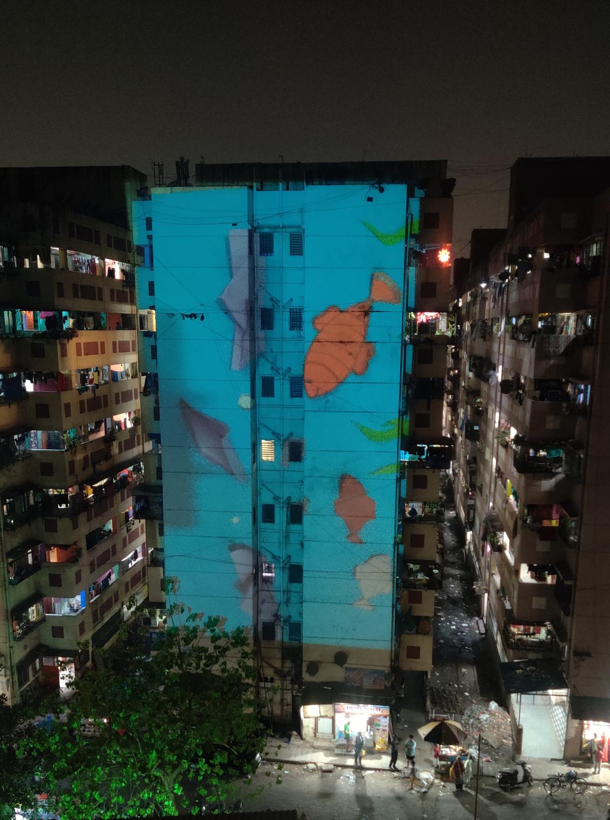 The final animation projected on the neighbourhood buildings