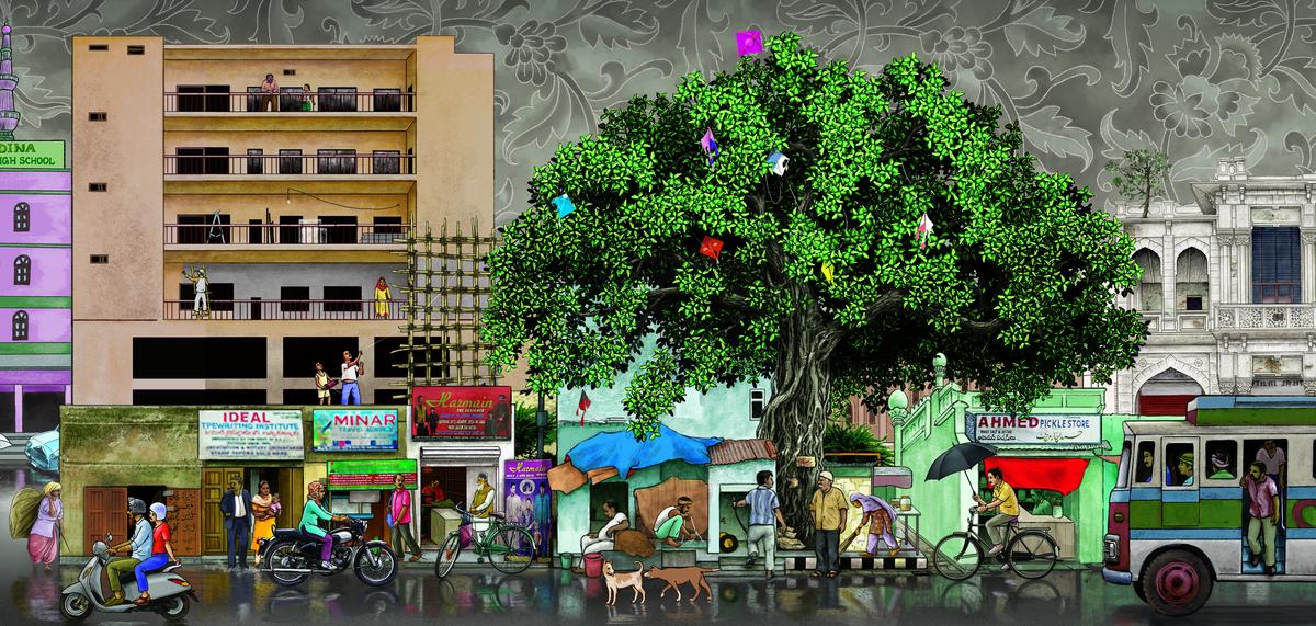 Part of Sen’s Hyderabad series, The Kite-Eating Tree is a cropped detail of a street in Shah Ali Banda in the Old City after a shower of rain.