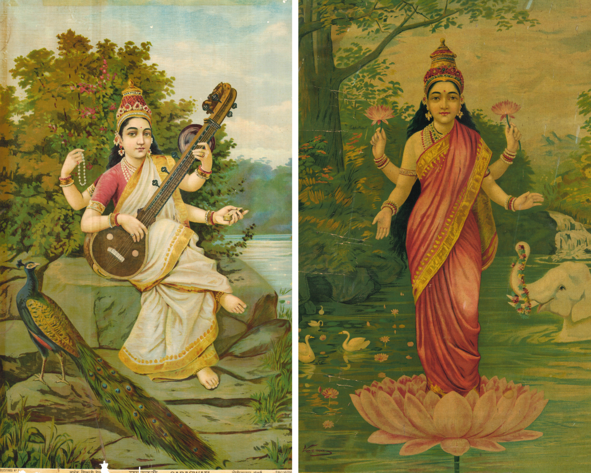 Chromolithographs of goddesses Saraswati and Lakshmi.