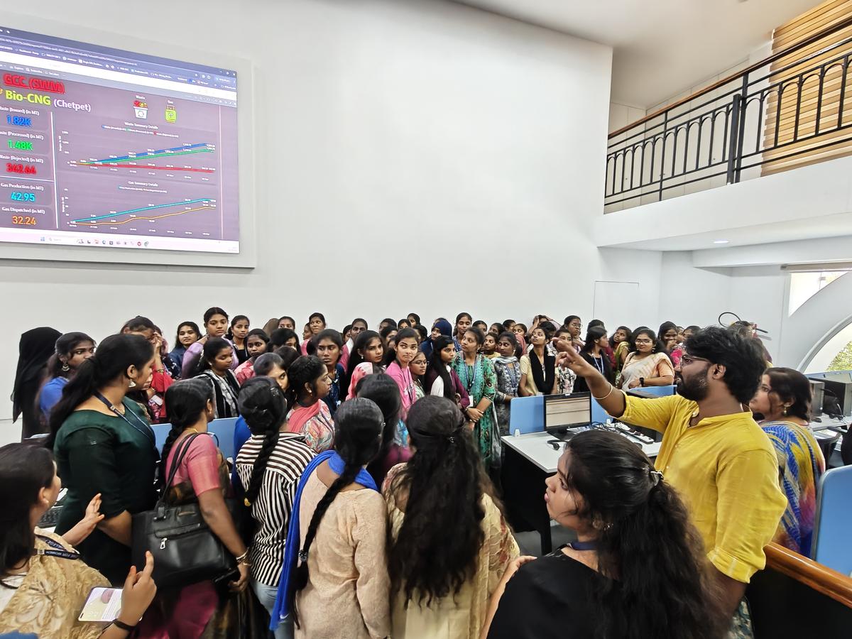 College students at the Integrated Command and Control Centre of the Greater Chennai Corporation, during the heritage walk