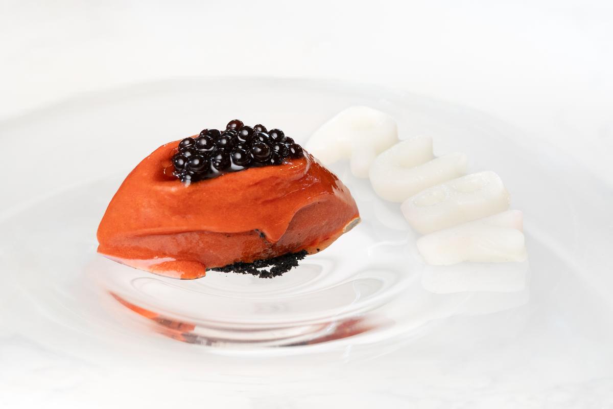 Tomato sorbet with Pusa red tomatoes and Joni Bella pearls, Halikar milk cheese Tomato sorbet with Pusa red tomatoes and Joni Bella pearls, Halikar milk cheese