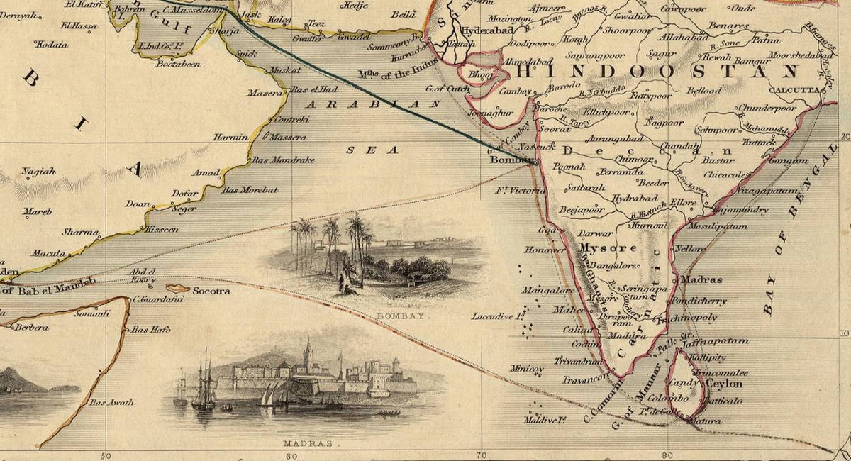 A segment of a map titled Overland Route to India, 1851