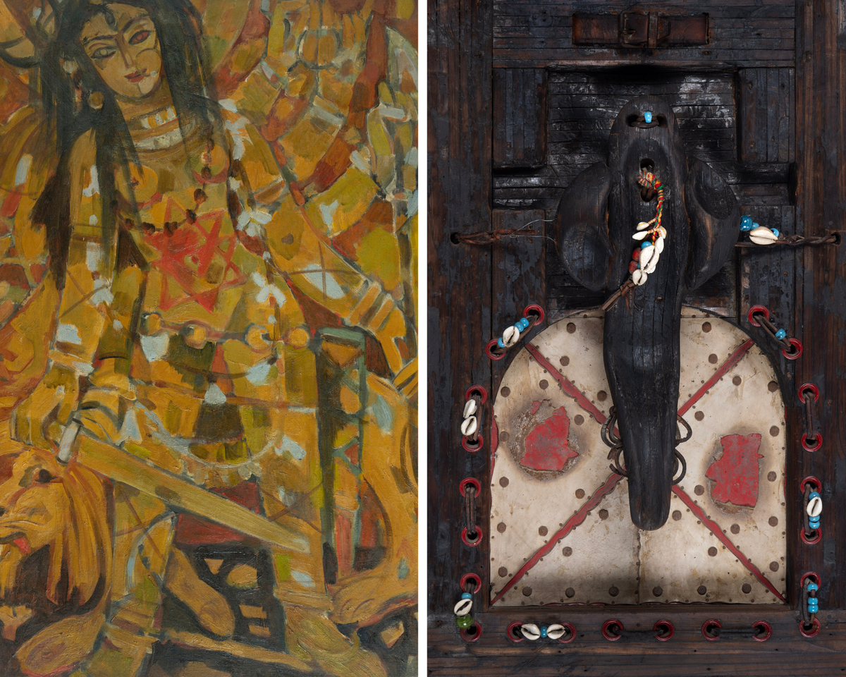 Durga Alone Ready to Fight by Nirode Mazumdar, and (right) Untitled by Satish Gujral