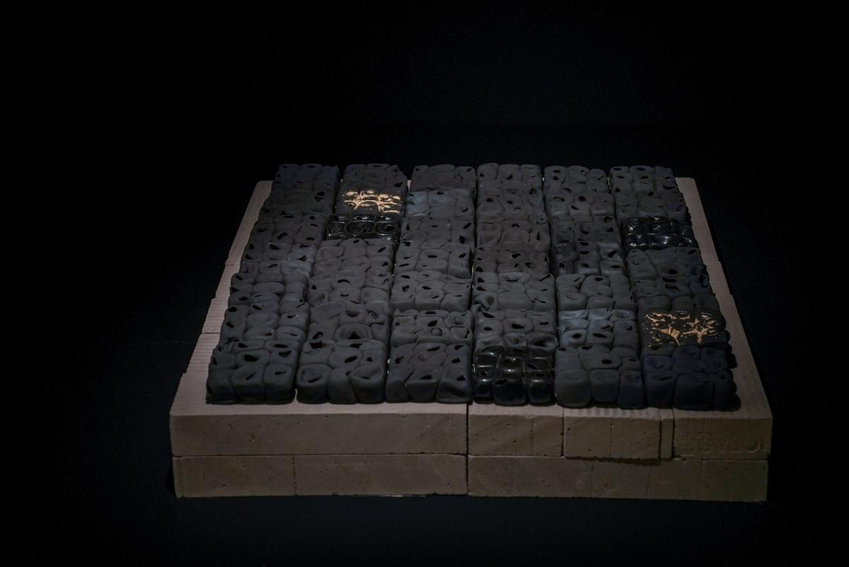 Matrix, stoneware clay, gold foil, 2023;  Rahul Kumar