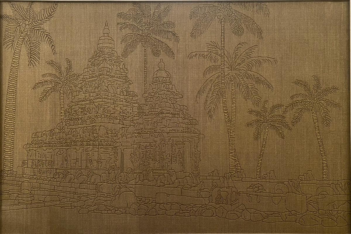 Sacred Threads, with a line drawing of Mahabalipuram’s shore temple on a sisal carpet at Neytt