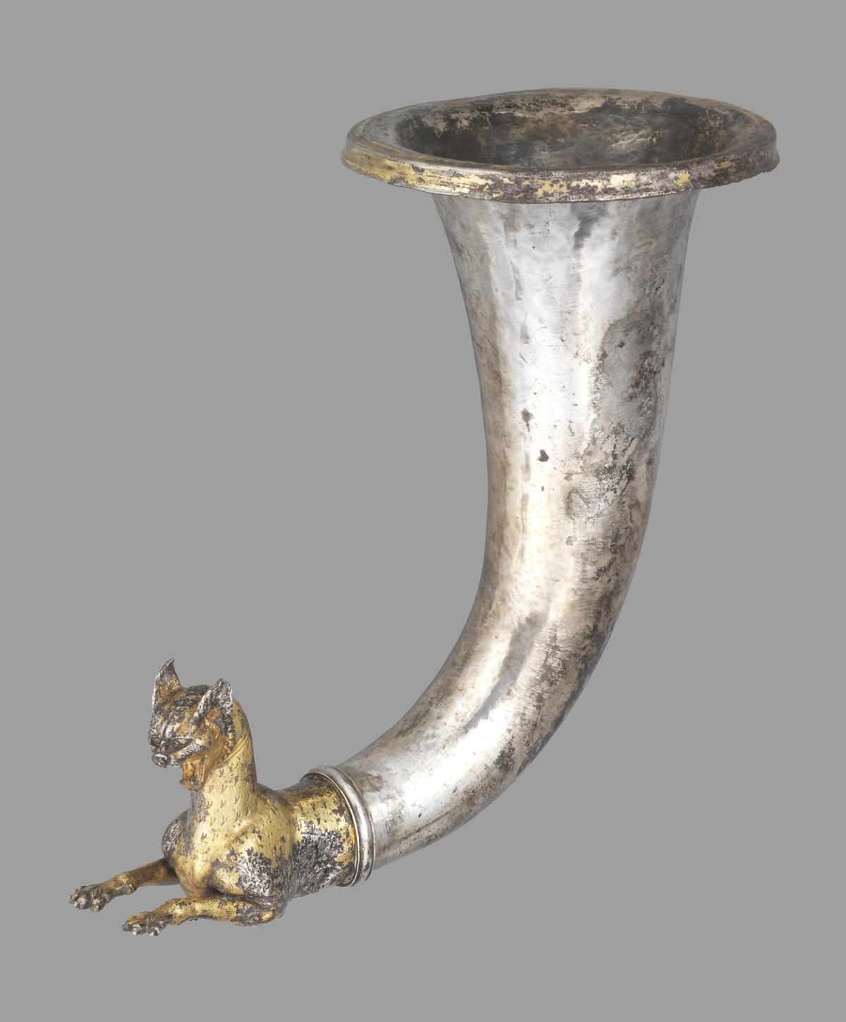 A rhyton with a caracal cat, silver drinking vessel from the Parthian era