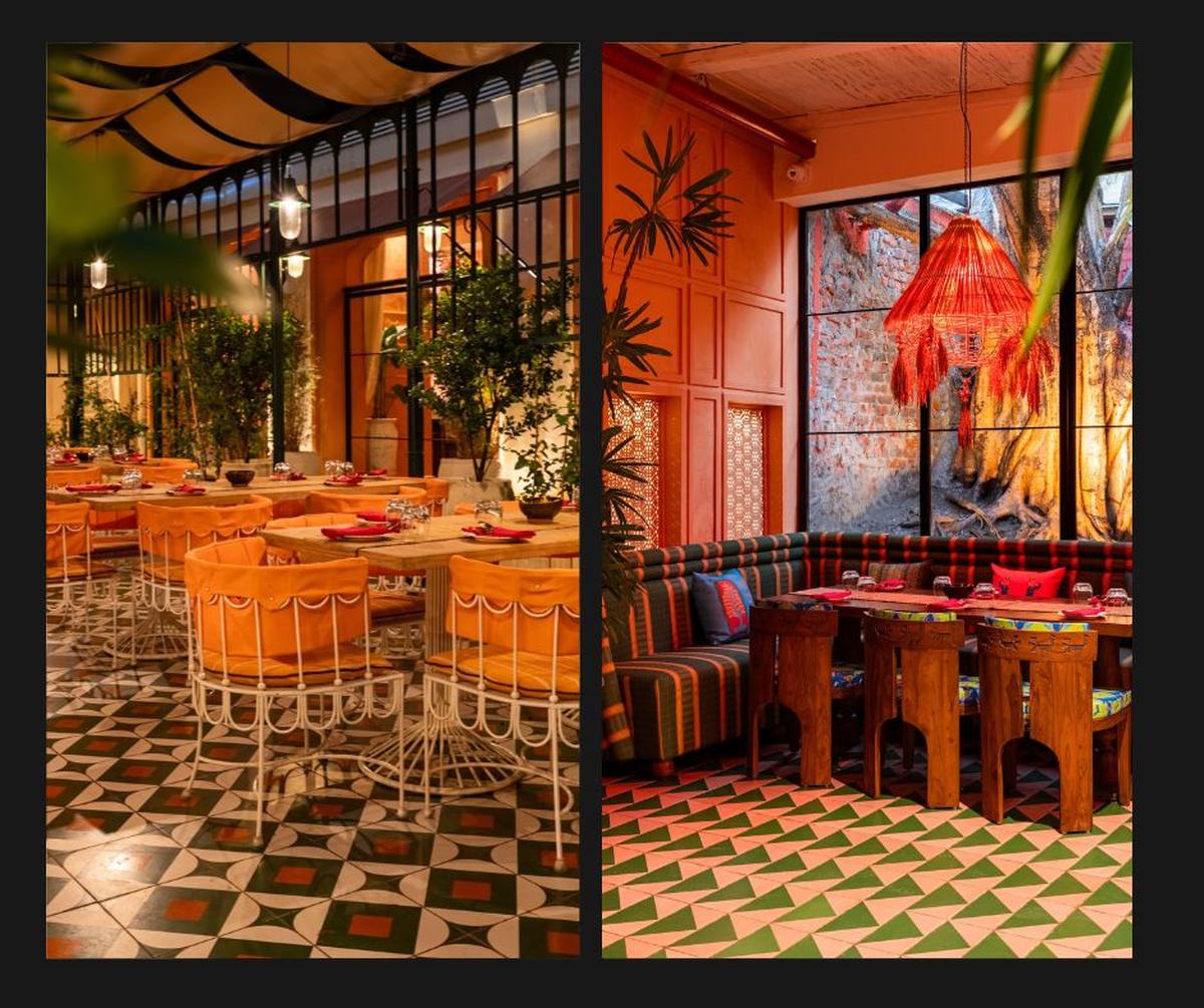 The restaurant to house different seating areas, from courtyard (left) and bar to dining section (right) and an open kitchen, designed by Ariane Thakore Ginwala 