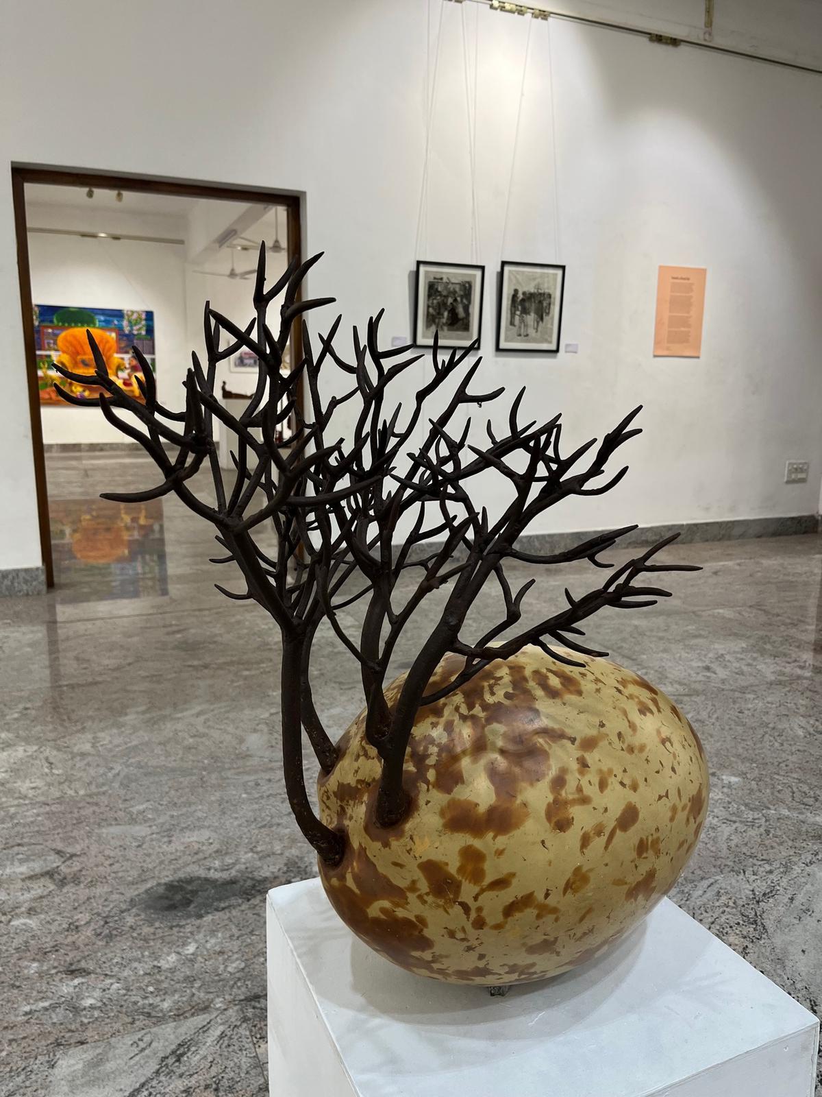 A sculpture by Suni Narayanan, part of Broadend, an exhibition of painting, sculpture and applied arts at  the College of Fine Arts, Thiruvananthapuram 