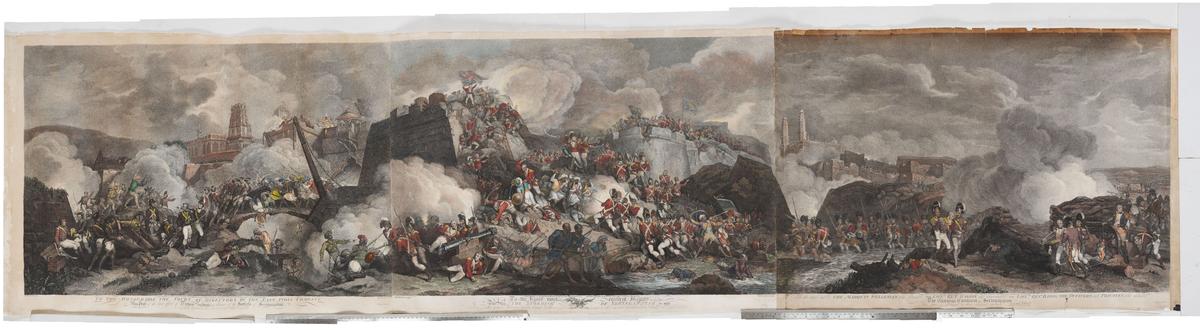 A triptuch of the storming of Seringapatanam, 1802-1803 (Giovanni Vendramini, Tinted Mezzotint)