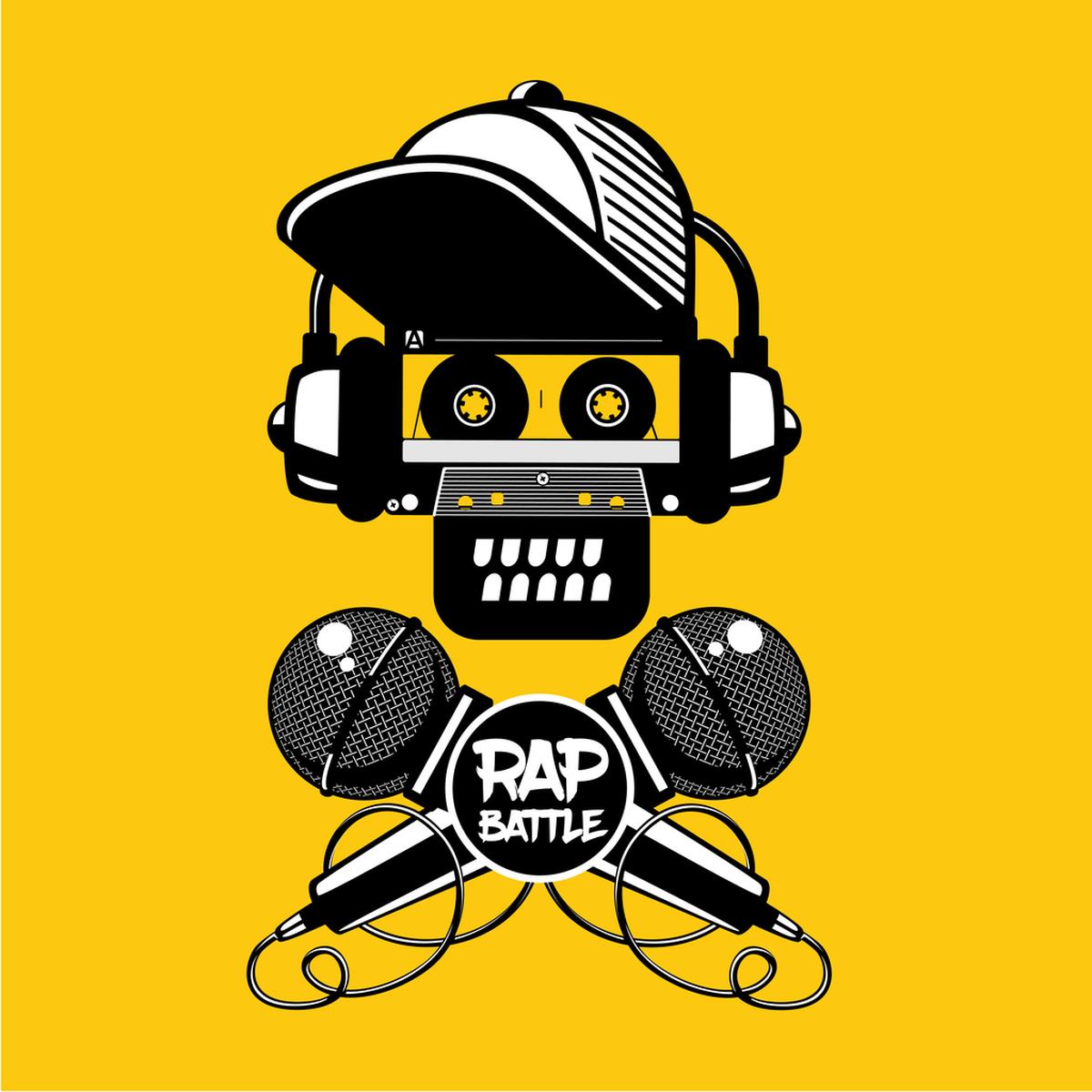 Hip-hop party. Rap battle sign with skull and two microphones. Retro style illustration.