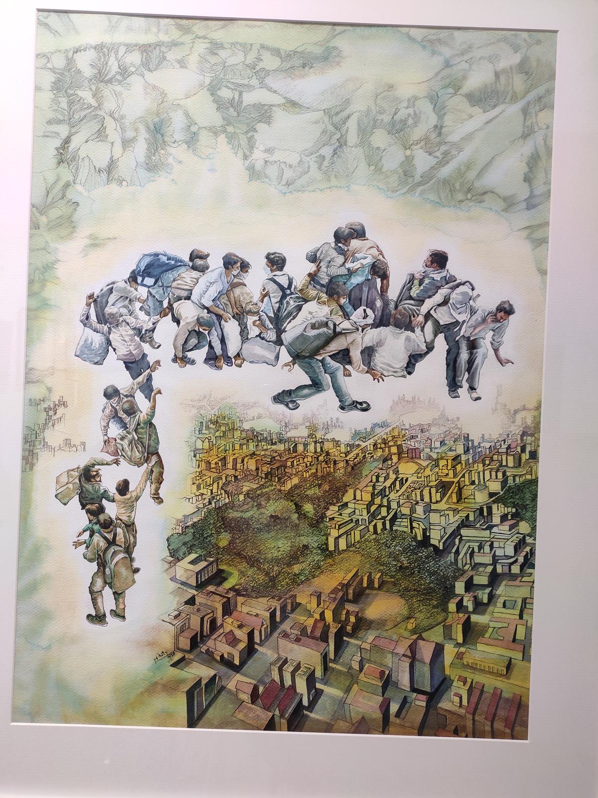 Flight to Home, a watercolour by Narayanankutty K at the exhibition, Braodend, at the College of Fine Arts, Thiruvananthapuram.