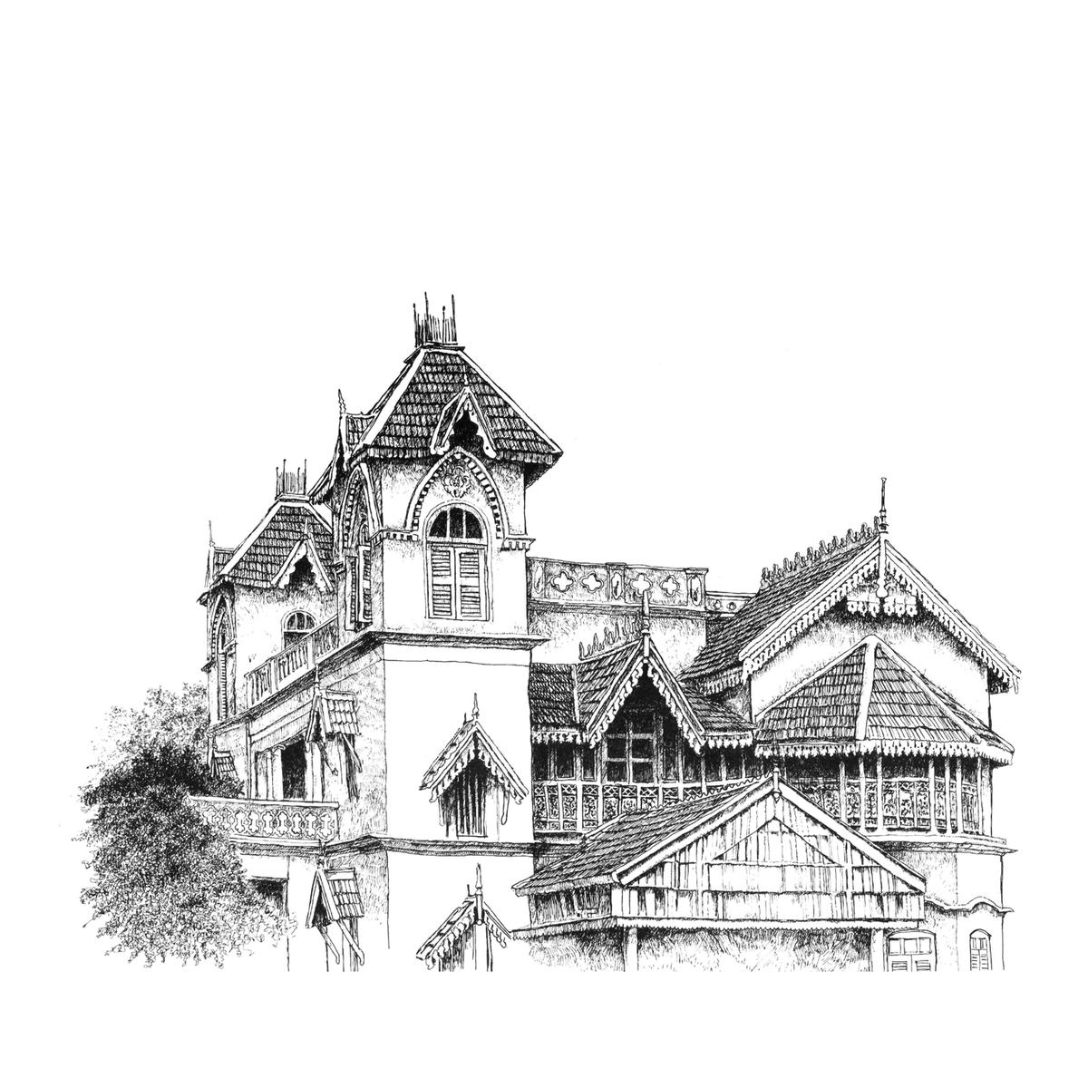 Drawing of Purasaiwalkam house in Madras Inked 
